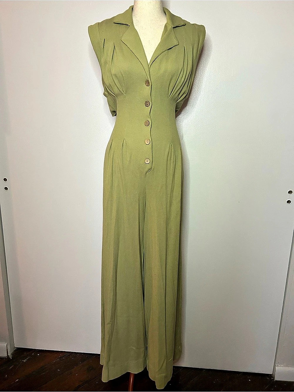 FREE PEOPLE Beach Green Knit Jumpsuit Size XS Like New Open Back Button Front